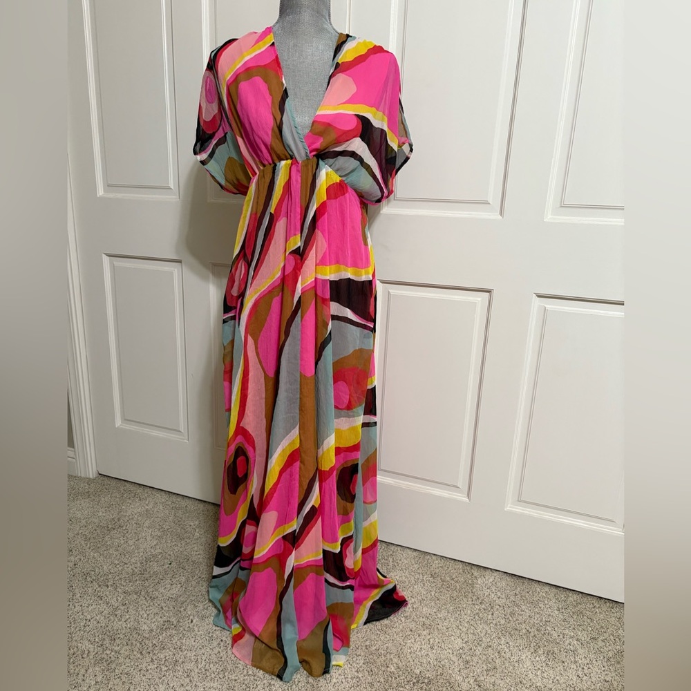 Colorful Abstract Print Maxi Dress Boho Resort Vacation European Summer M - Picture 2 of 13